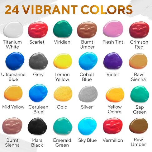 Premium Quality Acrylic Paint Set 24 Colors - 1.28oz (38ml) - with 6 Nylon Brushes - Safe for Kids & Adults - Perfect Kit for Beginners, Pros & Artists to Create Amazing Paintings and Artwork in Kuwait