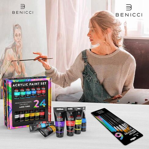 Premium Quality Acrylic Paint Set 24 Colors - 1.28oz (38ml) - with 6 Nylon Brushes - Safe for Kids & Adults - Perfect Kit for Beginners, Pros & Artists to Create Amazing Paintings and Artwork in Kuwait