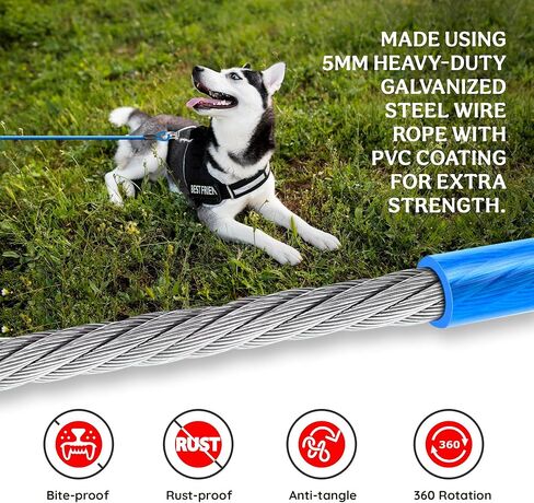 كابل ربط للحيوانات الأليفة من Sliridog للكلاب، سلك فولاذي بطول 10 أقدام مع مشابك متينة ومتفوقة وسلاسل زرقاء خارجية متينة للكلاب للفناء أو الهواء الطلق أو الشاطئ أو التخييم للكلاب الكبيرة التي يصل وزنها إلى 200 رطل (أزرق، L/10 قدم) in Saudi Arabia