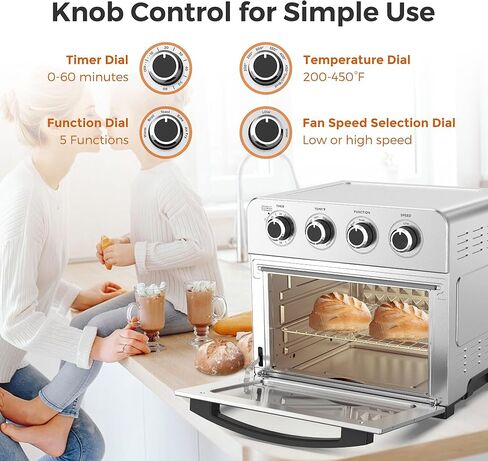 KitchenBoss Air Fryer Toaster Oven: 24.3QT/23L Airfryer with Warm, Broil, Toast, Bake, Air Fry 5-in-1 Functions, Knob Control 1700W Toaster Oven Countertop with 4 Accessories, Stainless Steel in Kuwait