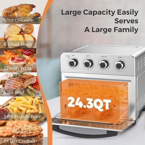 KitchenBoss Air Fryer Toaster Oven: 24.3QT/23L Airfryer with Warm, Broil, Toast, Bake, Air Fry 5-in-1 Functions, Knob Control 1700W Toaster Oven Countertop with 4 Accessories, Stainless Steel in Kuwait