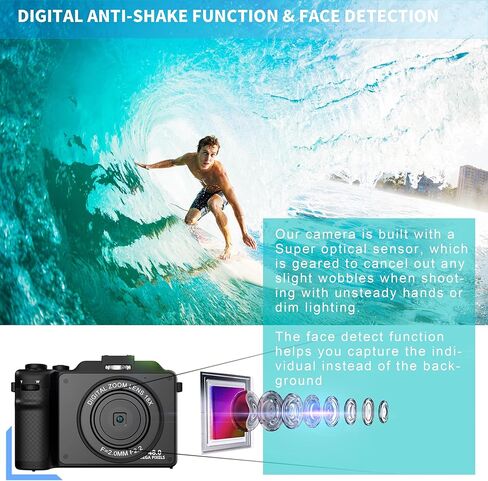 كاميرا رقمية للتصوير الفوتوغرافي، كاميرا Vlog بدقة 4K، كاميرا مزدوجة أمامية وخلفية، تركيز تلقائي ومضادة للاهتزاز، 7 مرشحات ألوان، كشف الوجه، شاشة IPS مقاس 3 بوصات، زاوية عريضة 140 درجة، تكبير 18X، بطاقة TF 64 جيجا بايت وحزام يد ACG- 04 in Kuwait