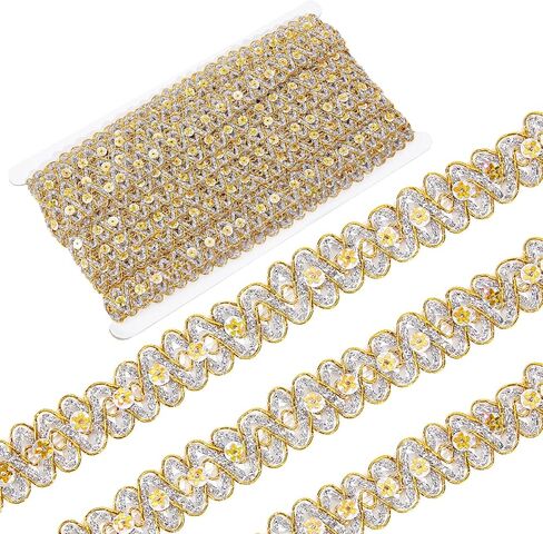 GORGECRAFT 14.2Yds Gold Lace Fabric Sewing Embroidery Sequin Ribbon 3/4" Waved Paillette Lace Trims Flower Sparkle Lace Trimming Metallic Glitter Braid Trim for Sewing Christmas Dress Clothing Crafts in Kuwait