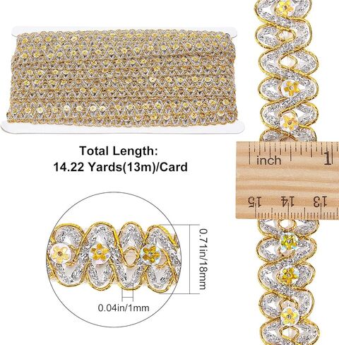 GORGECRAFT 14.2Yds Gold Lace Fabric Sewing Embroidery Sequin Ribbon 3/4" Waved Paillette Lace Trims Flower Sparkle Lace Trimming Metallic Glitter Braid Trim for Sewing Christmas Dress Clothing Crafts in Kuwait