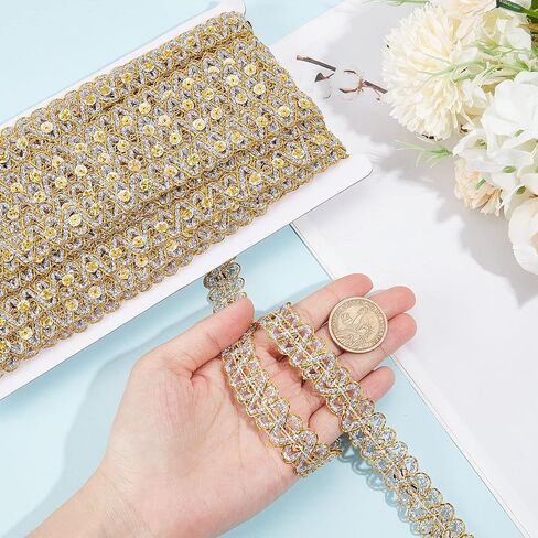 GORGECRAFT 14.2Yds Gold Lace Fabric Sewing Embroidery Sequin Ribbon 3/4" Waved Paillette Lace Trims Flower Sparkle Lace Trimming Metallic Glitter Braid Trim for Sewing Christmas Dress Clothing Crafts in Kuwait