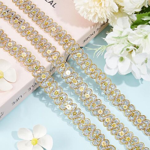 GORGECRAFT 14.2Yds Gold Lace Fabric Sewing Embroidery Sequin Ribbon 3/4" Waved Paillette Lace Trims Flower Sparkle Lace Trimming Metallic Glitter Braid Trim for Sewing Christmas Dress Clothing Crafts in Kuwait
