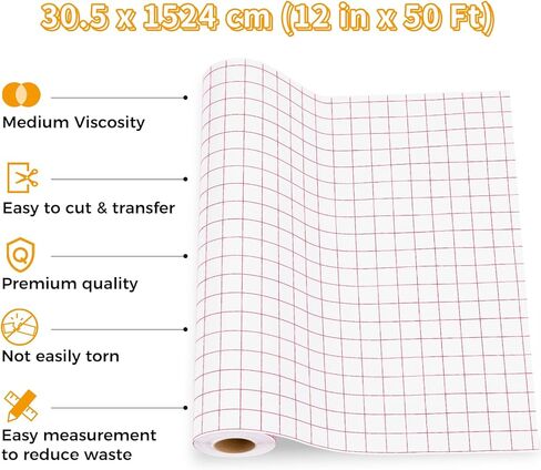 IModeur Transfer Tape for Vinyl - 12" x 50Ft Clear Vinyl Transfer Paper Tape Roll with Red Grid for Permanent Vinyl and Self Adhesive Vinyl for Cricut, Signs Stickers, Car Decals in Kuwait