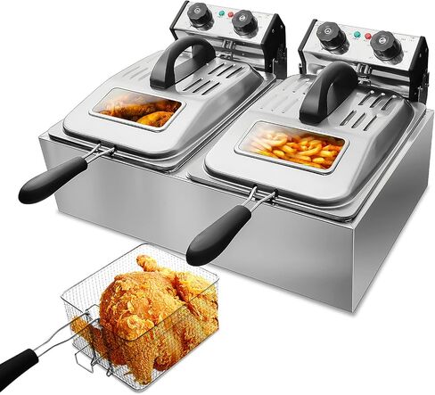 WantJoin المقلاة العميقة التجارية مع نافذة زجاجية 3200W 12L / 12QT الفولاذ المقاوم للصدأ خزان مزدوج مقلاة كهربائية عميقة مع سلتين وأغطية كونترتوب المطبخ آلة القلي ث / التحكم في درجة الحرارة in Saudi Arabia