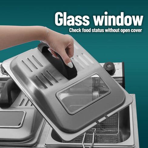 WantJoin المقلاة العميقة التجارية مع نافذة زجاجية 3200W 12L / 12QT الفولاذ المقاوم للصدأ خزان مزدوج مقلاة كهربائية عميقة مع سلتين وأغطية كونترتوب المطبخ آلة القلي ث / التحكم في درجة الحرارة in Saudi Arabia