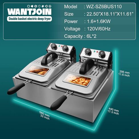 WantJoin المقلاة العميقة التجارية مع نافذة زجاجية 3200W 12L / 12QT الفولاذ المقاوم للصدأ خزان مزدوج مقلاة كهربائية عميقة مع سلتين وأغطية كونترتوب المطبخ آلة القلي ث / التحكم في درجة الحرارة in Saudi Arabia