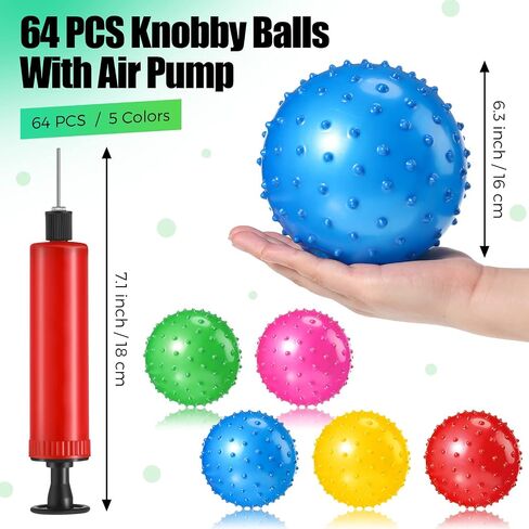 Jerify 64 Pieces 6.3 Inch Knobby Balls for Kids Sensory Balls with Air Pump Small Inflatable Bouncy Balls Soft Spiky Toddler Ball Bounce Party Favors Baby Massage Stress Play Set, 5 Assorted Colors in Saudi Arabia