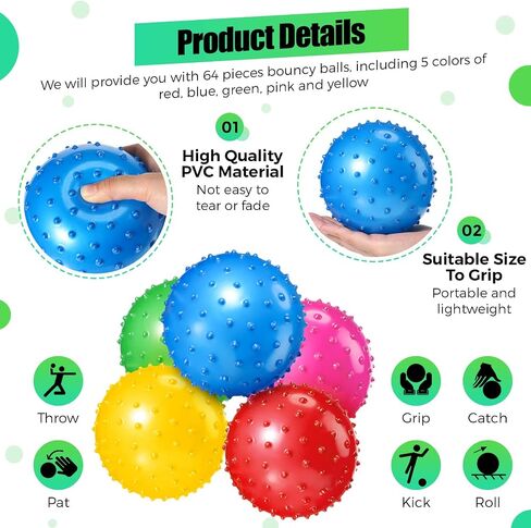Jerify 64 Pieces 6.3 Inch Knobby Balls for Kids Sensory Balls with Air Pump Small Inflatable Bouncy Balls Soft Spiky Toddler Ball Bounce Party Favors Baby Massage Stress Play Set, 5 Assorted Colors in Saudi Arabia