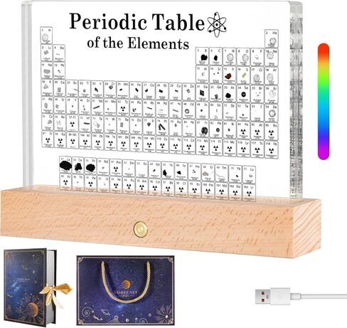 Periodic Table with Real Elements Inside, Large 8.3x5.5" Acrylic Display with 83 Samples & Light-Up Color Charging Base - Ideal for Teachers,Students as Educational Gift,Perfect for Science Decor in Saudi Arabia