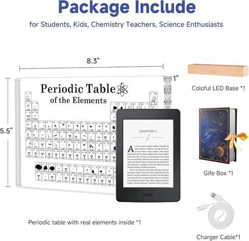 Periodic Table with Real Elements Inside, Large 8.3x5.5" Acrylic Display with 83 Samples & Light-Up Color Charging Base - Ideal for Teachers,Students as Educational Gift,Perfect for Science Decor in Saudi Arabia