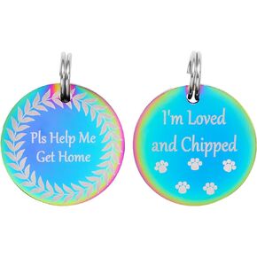 Pet Microchip Tags 2 Pack Colorful Stainless Steel for Microchipped Dogs and Cats, Double Sided Deep Engraved with I'm Loved and Chipped Pls Help Me Get Home 1" Diameter