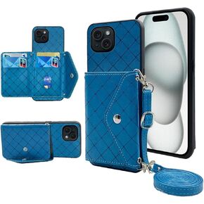 Compatible with iPhone 15 Plus 6.7 inch Wallet Case with Crossbody Shoulder Strap and Stand Leather Credit Card Holder Cell Phone Cover for i-Phone 15+ iPhone15Plus 5G i i15 + iPhone15 15Plus Blue