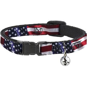 Buckle-Down American Flag Vivid, Breakaway Cat Collar with Bell, Plastic Clip, Easy Adjustable, 8.5 to 12"-0.5" Wide
