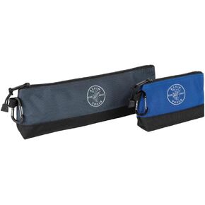 Klein Tools 55559 Stand-Up Zipper Bag Tool Pouch with Carabiners, 7-Inch Blue and 14-Inch Gray Utility Bags with Reinforced Bottom, 2-Pack