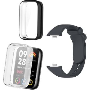 Screen Protector Cases and Strap Compatible for Xiaomi Smart Band 8 Pro Accessories Soft TPU Full Coverage Smartwatch Case and Soft Silicone Band (Pack of 2+1)