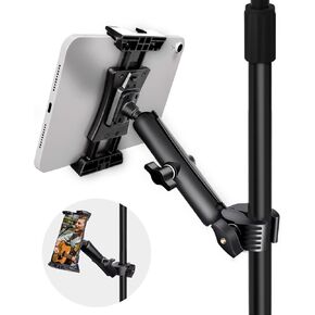 LMS iPad Holder for Mic Stand, Micophone Music Stand Tablet Phone Holder Mount, Exercise Bike Handlebar Clamp Mount Treadmill Tablet iPad Holder for Tablets & Phones 4-13.5 inches
