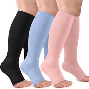 3 Pack Copper Compression Socks for Women & Men, 20-30mmHg Open Toe Knee High Stockings for Circulation Support