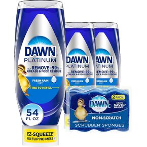 Dawn Dish Soap Squeeze Bottle, EZ-Squeeze Dawn Dishwashing Liquid,Dawn Platinum Dish Soap Liquid,Dish Washing Liquid+Non-Scratch Sponges for Dishes,Refreshing Rain,Includes 3x18oz Bottles+2 Sponges