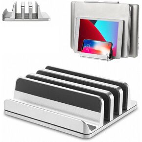 Vertical Laptop Stand [Updated Version],3-Slot Desktop Stand Holder with Adjustable Dock,4 in 1 Design Aluminum Space-Saving Laptop Stand for Desk MacBook/Surface/Samsung/HP/Dell/Chrome Book (Silver)