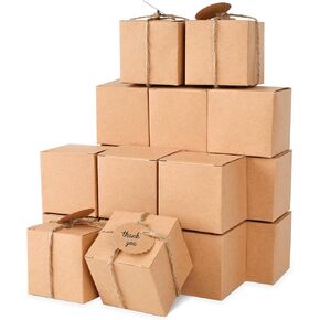 VGOODALL 50PCS Kraft Paper Favor Boxes 2 x 2 x 2 inches Cube Gift Boxes Mini Foldable Treat Boxes with DIY Tags for Wedding Bridal Shower Birthday Party Christmas