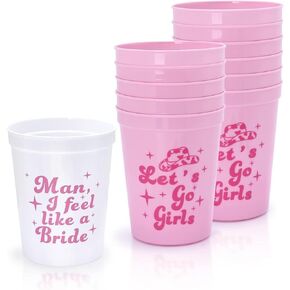 Nefelibata Bachelorette Party Cups - 12 Pack Let's Go Girls Reusable Cups Plastic Cowgirl Bridal Shower 70s Theme Retro Bachelorette Party Supplies Favors Decorations (White and Pink, 16 oz)