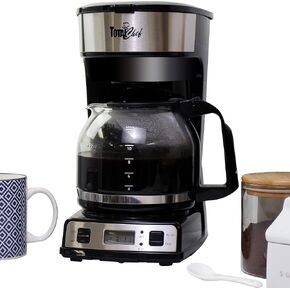 Koolatron Total Chef 12 Cup Coffee Maker Programmable Drip Coffee Machine with Glass Carafe Reusable Basket Filter Black and Silver