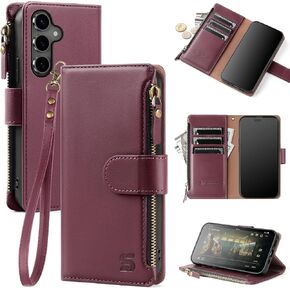 for Samsung Galaxy S24 FE 5G Wallet Case with Card Holder,Women Men RFID Blocking PU Leather Flip Cover Wrist Strap Zipper Credit Card Slots,Phone Case for Galaxy S24 FE 5G,Wine Red