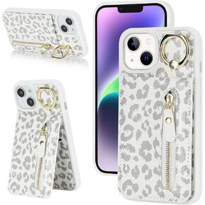 iPhone 13 case with Card Holder, iPhone 13 Phone Case Wallet for Women magsafe Compatible Wallet Detachable 2-in-1 for Men-White Leopard
