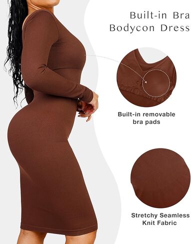 FeelinGirl Bodycon Dress for Women 2023 Long Sleeve Sweater Shaper Dress Fall Shapewear Wedding Guest Midi Dress Built-in Bra in Kuwait