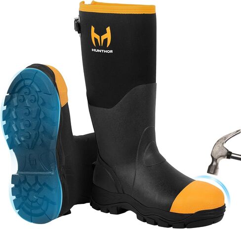 Rubber Work Boots for Men with Steel Toe, 1100N Puncture-Proof Hunting Boots with 7mm Neoprene Waterproof and EVA Midsole, Adjustable Back Gusset, Ideal for Hunting, Work, and Farming Size 7-14 in Kuwait