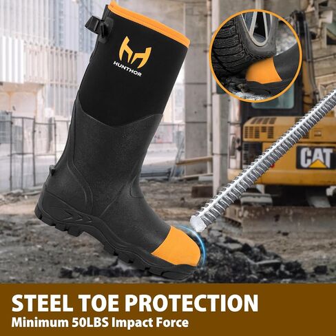 Rubber Work Boots for Men with Steel Toe, 1100N Puncture-Proof Hunting Boots with 7mm Neoprene Waterproof and EVA Midsole, Adjustable Back Gusset, Ideal for Hunting, Work, and Farming Size 7-14 in Kuwait