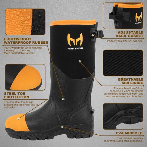 Rubber Work Boots for Men with Steel Toe, 1100N Puncture-Proof Hunting Boots with 7mm Neoprene Waterproof and EVA Midsole, Adjustable Back Gusset, Ideal for Hunting, Work, and Farming Size 7-14 in Kuwait
