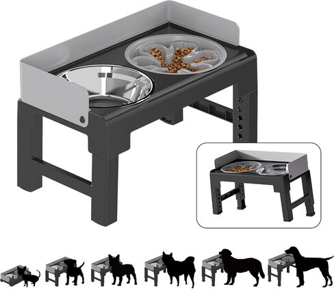 PAKEWAY Elevated Dog Bowls, Spill Proof, Tiltable Dog Feeder with 1 Stainless Steel Bowls &1 Slow Feeder Dog Bowls, 6 Height Adjustable Raised Dog Bowls Stand for Medium Large Dogs in Saudi Arabia