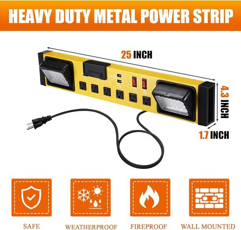 قطاع طاقة بـ 6 منافذ مع ضوء عمل LED، شريط طاقة معدني عالي التحمل مثبت على الحائط مع سلك 6FT 14/3 AWG، ومنفذي USB، وقاطع دائرة 15 أمبير لورشة عمل المرآب والمكاتب المنزلية in Kuwait