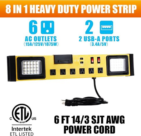 قطاع طاقة بـ 6 منافذ مع ضوء عمل LED، شريط طاقة معدني عالي التحمل مثبت على الحائط مع سلك 6FT 14/3 AWG، ومنفذي USB، وقاطع دائرة 15 أمبير لورشة عمل المرآب والمكاتب المنزلية in Kuwait