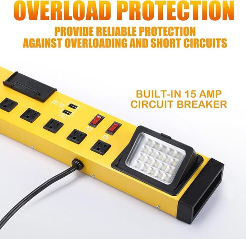 قطاع طاقة بـ 6 منافذ مع ضوء عمل LED، شريط طاقة معدني عالي التحمل مثبت على الحائط مع سلك 6FT 14/3 AWG، ومنفذي USB، وقاطع دائرة 15 أمبير لورشة عمل المرآب والمكاتب المنزلية in Kuwait