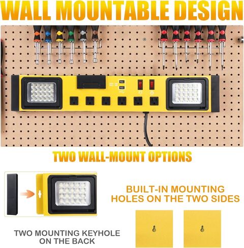 قطاع طاقة بـ 6 منافذ مع ضوء عمل LED، شريط طاقة معدني عالي التحمل مثبت على الحائط مع سلك 6FT 14/3 AWG، ومنفذي USB، وقاطع دائرة 15 أمبير لورشة عمل المرآب والمكاتب المنزلية in Kuwait