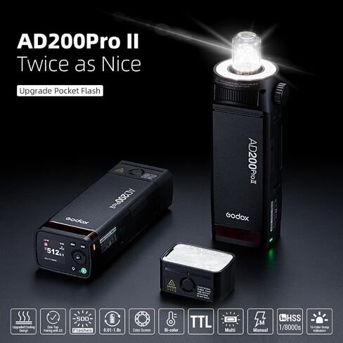 GODOX AD200 Pro II AD200Pro II Flash Strobe، 2.4G TTL Pocket Flash Light، 200W HSS 1/8000s بطارية 2900 مللي أمبير في الساعة، مصباح نمذجة متعدد الاستخدامات ثنائي اللون، مزامنة لاسلكية بنقرة واحدة، شاشة ملونة محسنة in Saudi Arabia