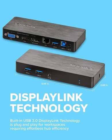 محطة إرساء شاشة الكمبيوتر المحمول VisionTek VT1000 Universal Dual Full HD USB 3.0، Displaylink، HDMI، DisplayPort، VGA، RJ45 Ethernet، لأجهزة MacBook & Windows (901147) (متجدد) in Saudi Arabia