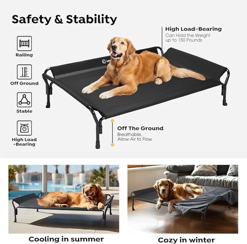 بطانية Veehoo الناعمة المهدئة للكلاب + سرير كلب مرتفع مع حاجز حماية ومسند رأس منحدر، تيسلين قابل للتنفس، أقدام غير قابلة للانزلاق، سرير كلب مرتفع مبرد، سرير أريكة للكلاب قابل للغسل للداخل والخارج، مقاس XL، أسود in Kuwait