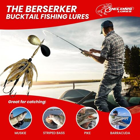 Delong Lures - The Berserker, Bucktail Fishing Lures - Bucktail Jig with Inline Spinner, Musky & Pike Baits Spinnerbaits, Tackle for Freshwater and Saltwater Fishing, Made in USA in Kuwait