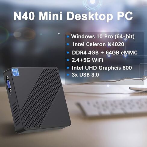 كمبيوتر صغير MINISFORUM N40 UHD 4K@60 هرتز Celeron N4020(يصل إلى 2.8 جيجا هرتز) كمبيوتر صغير بدون مروحة، DDR4 4GB+64GB eMMC، DIY SSD، واي فاي ثنائي النطاق، HDMI&VGA كمبيوتر صغير مكتبي (متجدد)، أسود in Kuwait