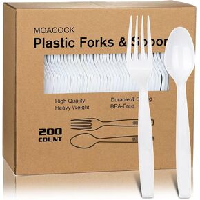 MOACOCK 200 Count Plastic Silverware, Heavy Weight Plastic Forks Spoons Disposable Utensils Cutlery Set for Wedding Party Supplies Everyday Use