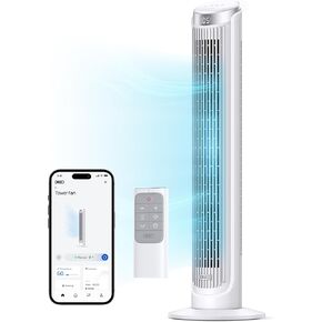 Dreo Smart Tower Fans for Home, 90° Oscillating Fans for Indoors, 26ft/s Velocity Quiet Floor Fan with Remote, 4 Modes, 8H Timer, WiFi/Voice Control Bladeless Standing Fan for Bedroom, Work with Alexa