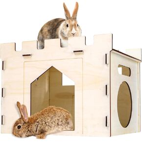 Yesland Rabbit Hideout Castle, Wooden Bunny Houses and Hideouts, Detachable Small Animal Play Hideaway Hut and Playhouse for Indoor Bunnies Guinea Pig Hamster Chinchilla Gerbil