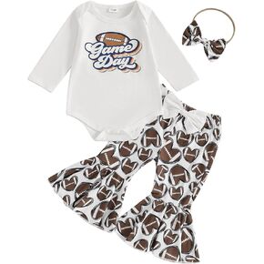 ZyHwShine Infant Baby Girl Football Outfit My 1st Football Season Long Sleeve Romper Bell Bottoms Pants Cute Fall Clothes